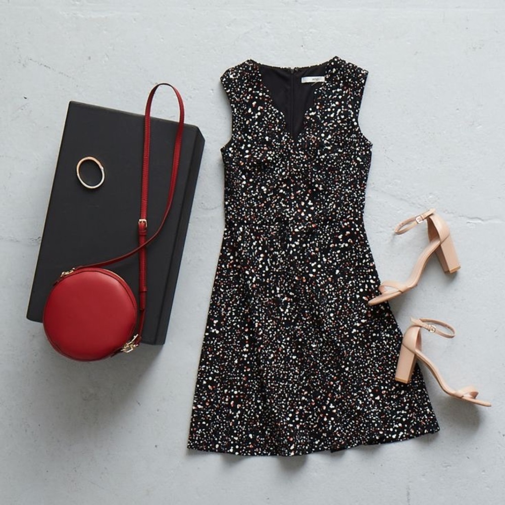 (A7) Wisp Black Multi Spotted‎ Cleo Textured Fit Flare Sleeveless Retro Dress 8